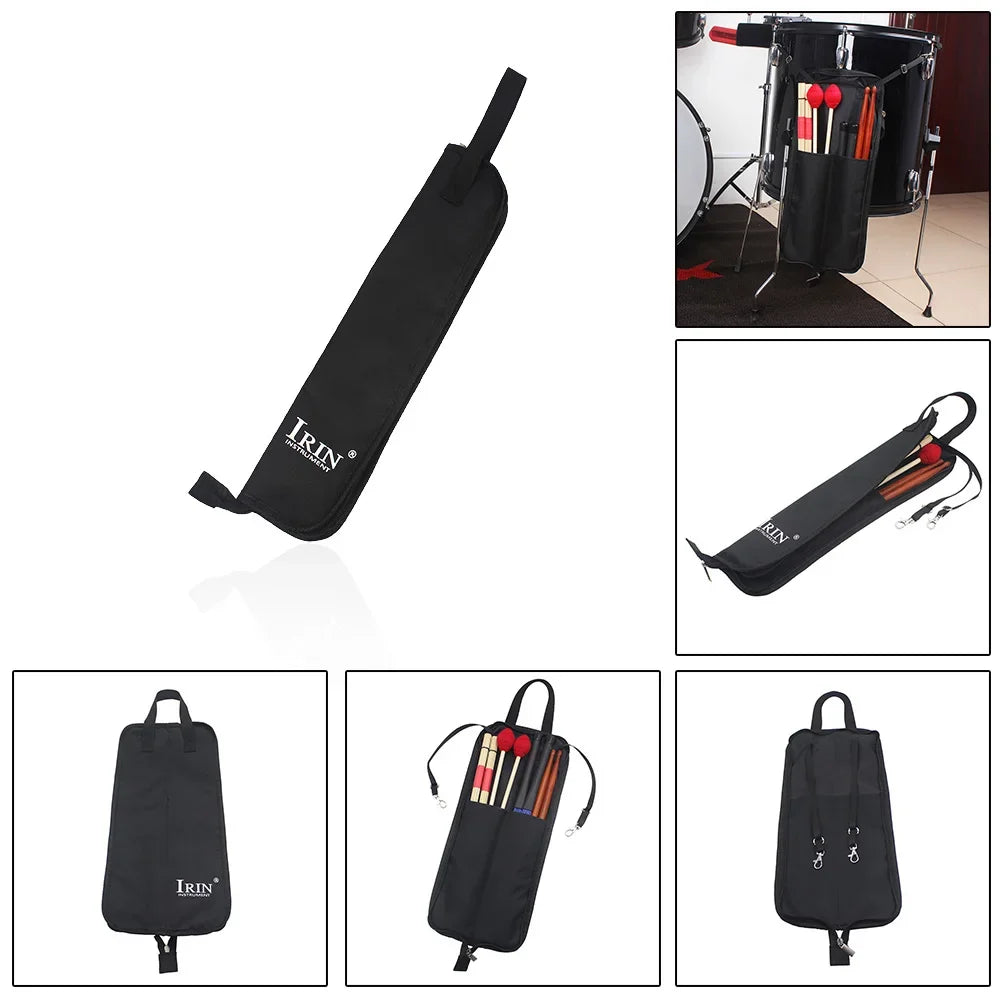 Black drumstick carrier bag with an Oxford clutch and handle shown in various views.