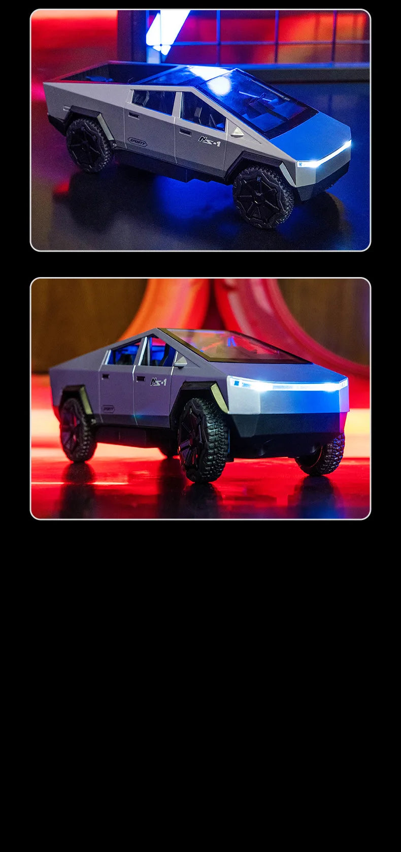A silver and blue high-speed off-road RC cyber truck with large tires and illuminated features.