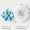 A white silicone mold with a flower design and a blue silicone flower, showing the finished size and weight.