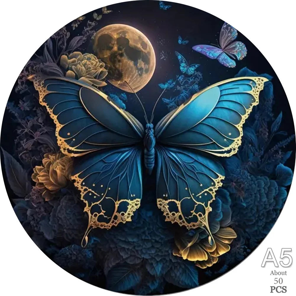 A detailed illustration of a blue butterfly with gold accents against a dark background and a full moon.