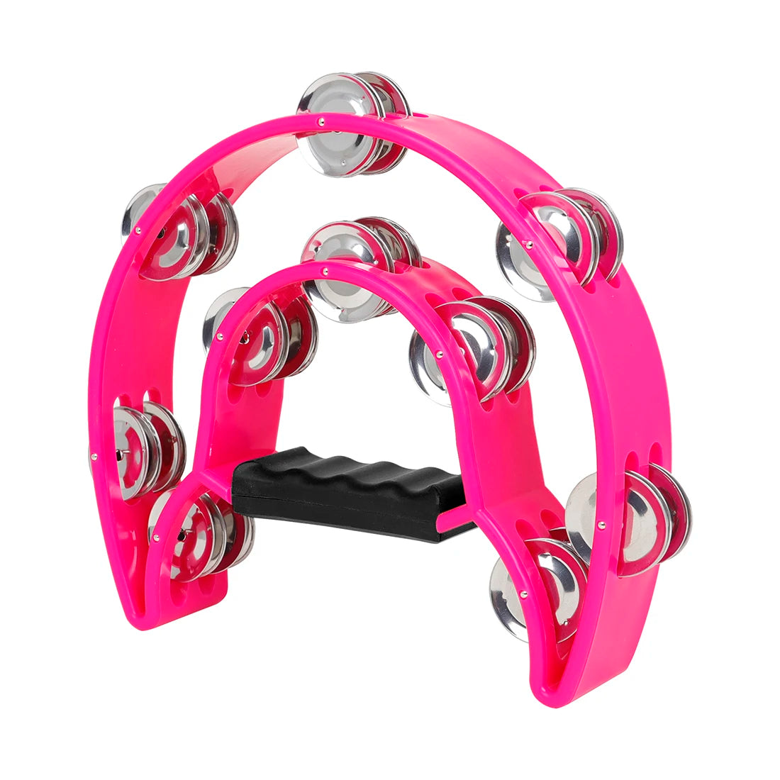 A bright pink double-layer tambourine for kids with silver jingles.