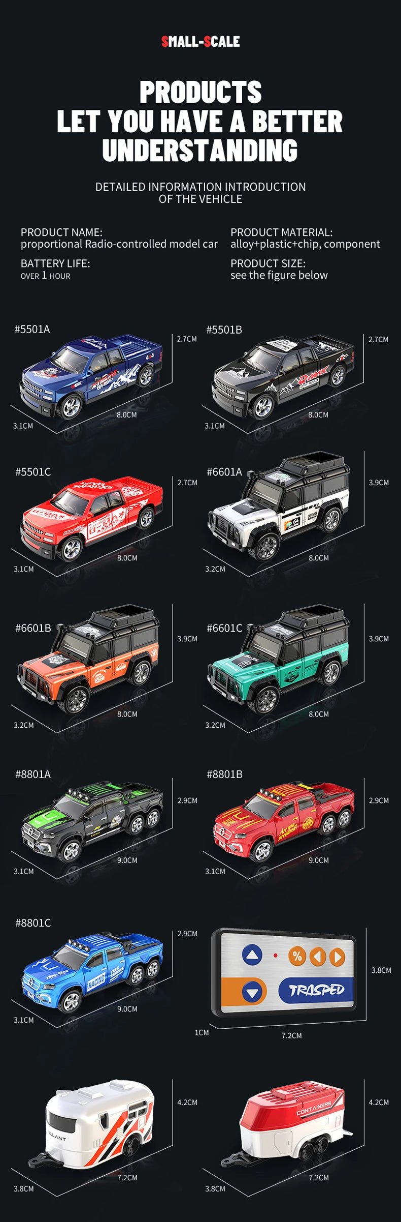 A collection of small alloy RC cars and a white camping trailer are displayed for detailed information.