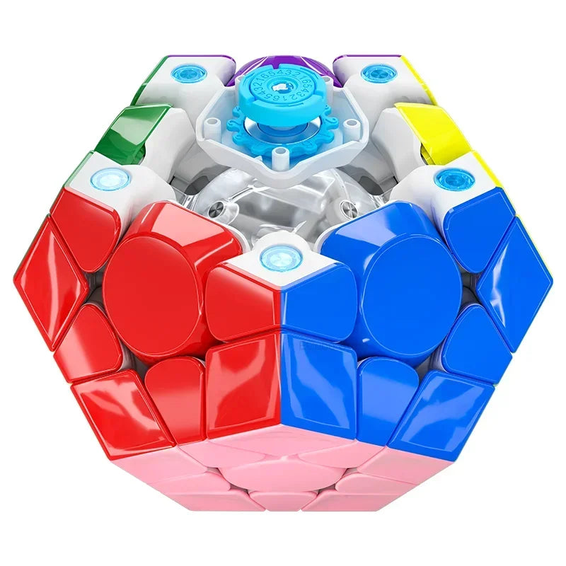 A colorful Megaminx V2 magnetic speed cube with various colored pieces and a central mechanism.