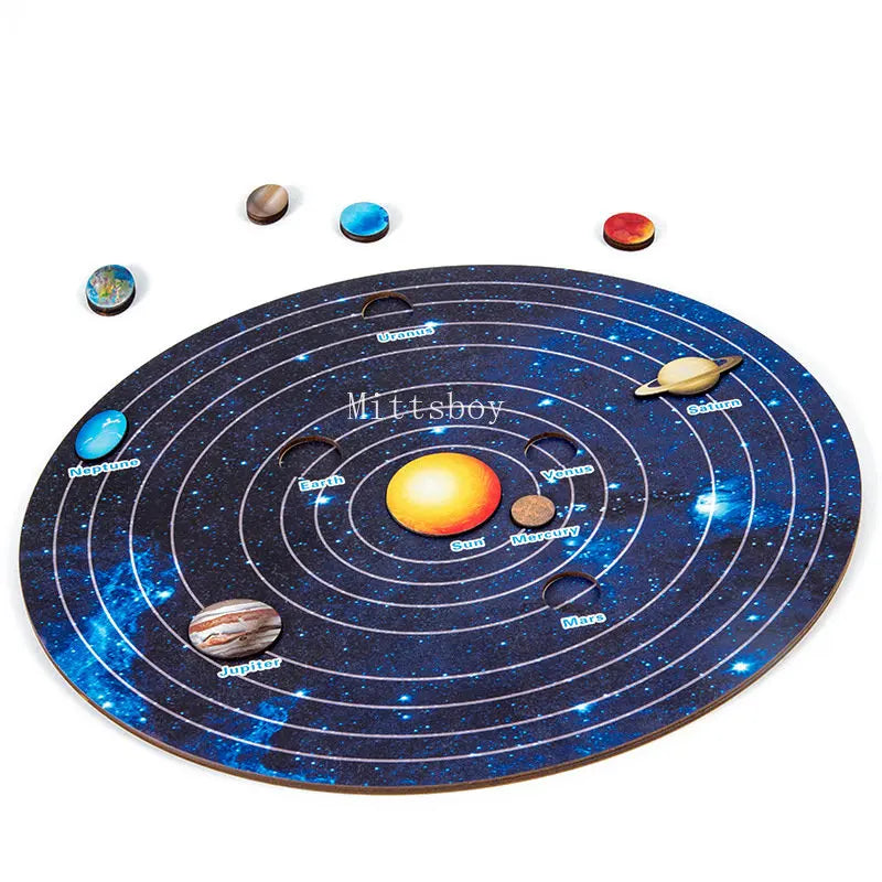 Montessori wooden solar system puzzle board showing the planets in their orbits