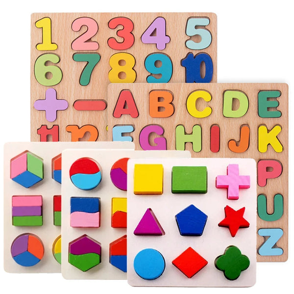 Wooden alphabet and number matching puzzle with colorful wooden pieces for kids