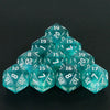 A pyramid of ten glittery blue D20 polyhedral dice set for tabletop role-playing games