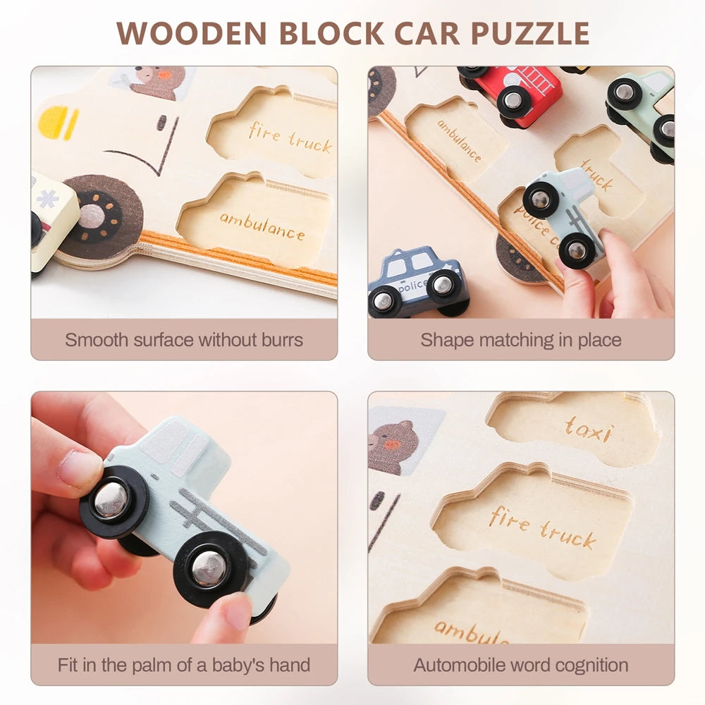 Wooden block car puzzle showing various shapes and words like fire truck ambulance and taxi for toddler learning