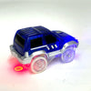 A blue race track car toy with glowing LED lights on a white background.