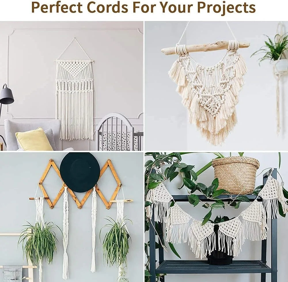 Macrame rope decor featuring various natural cotton fibers and tassels used for crafts and home decor projects.