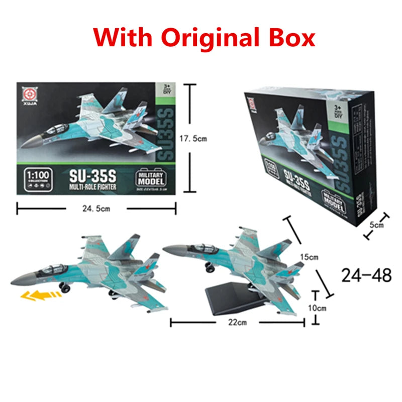 A model fighter jet kit in its original box and assembled form, featuring light blue and gray colors.