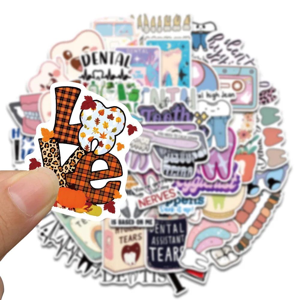 A collection of 50 dental-themed decorative stickers featuring teeth, gums, and related imagery.