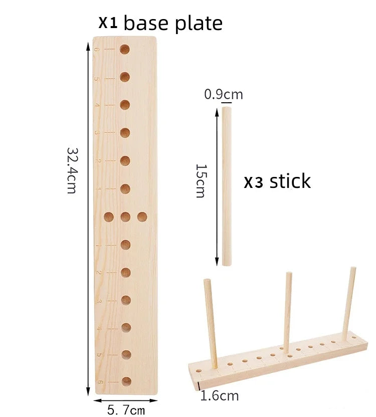 A wooden base plate with holes and three wooden sticks for making ribbon bows.