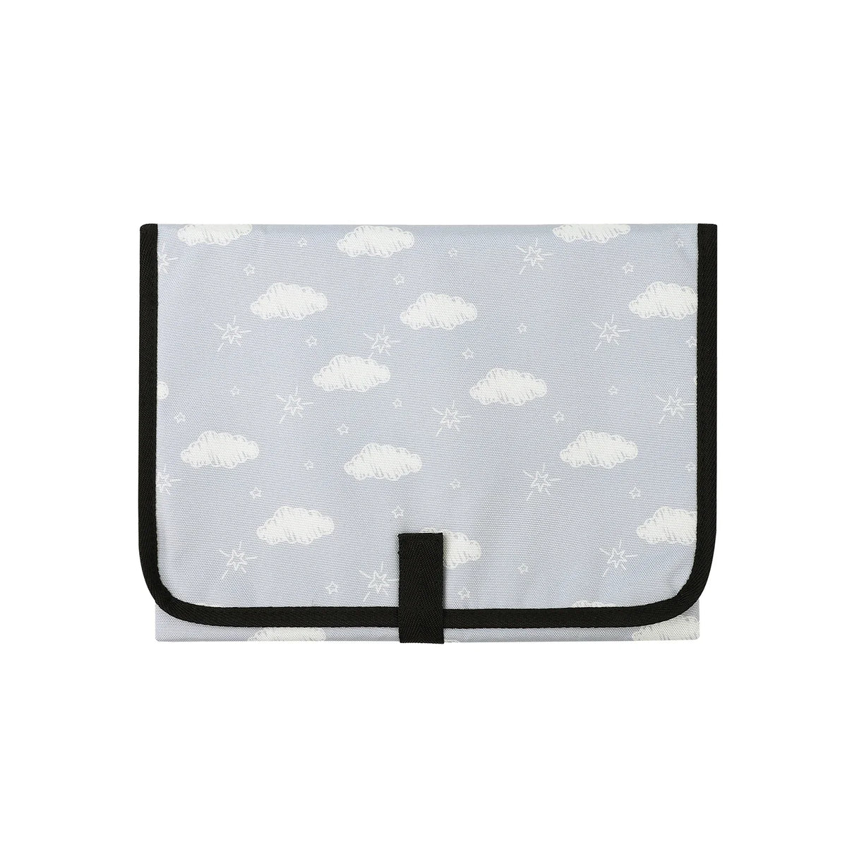 A white portable foldable waterproof diaper changing pad with a black trim and a central strap.