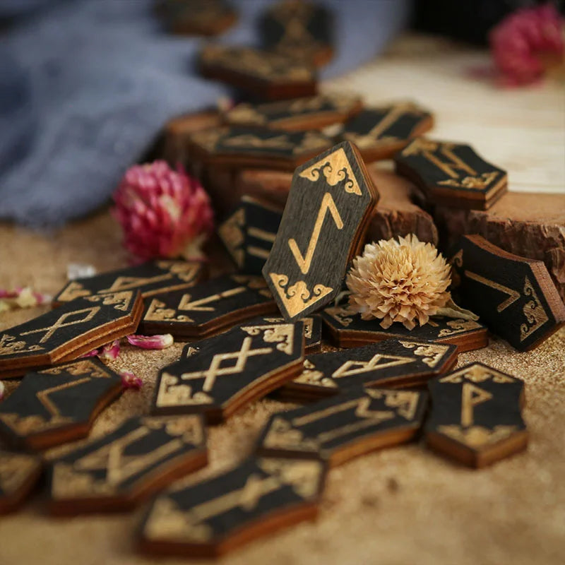 Wooden Rune Stone Set with Guide Book and Velvet Bag