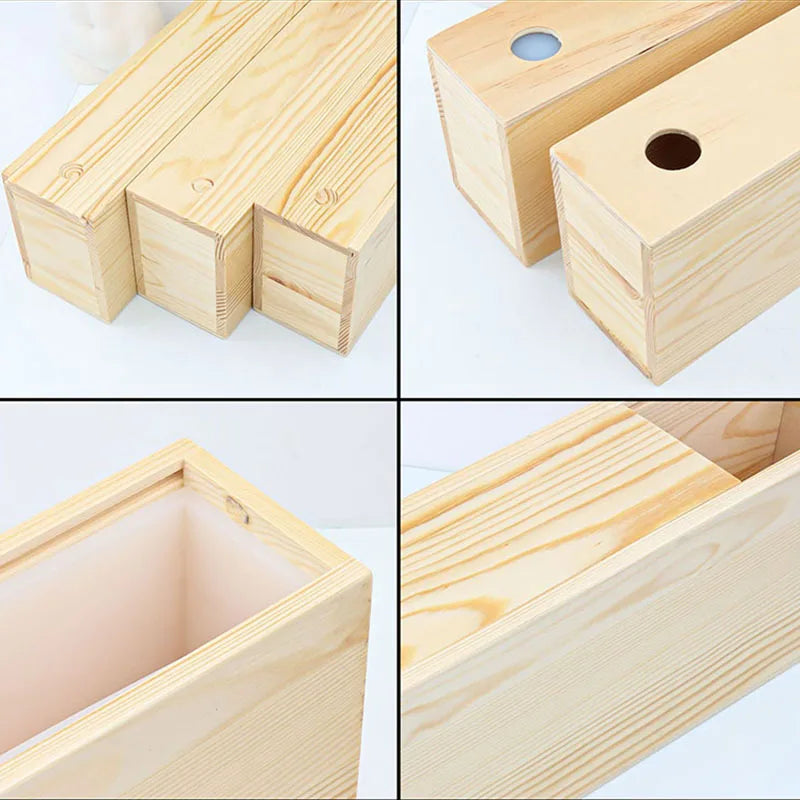 A wooden box and lid for a silicone rectangle soap mold, showing the natural wood grain and construction.