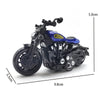 A black and blue vintage-style pull-back motorcycle toy car for kids.