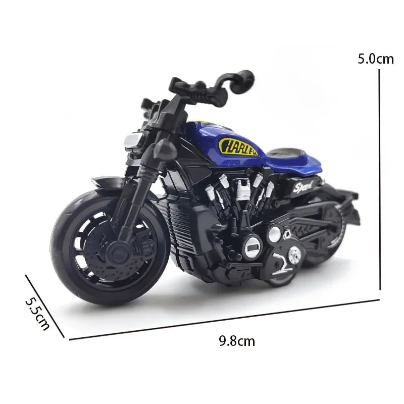A black and blue vintage-style pull-back motorcycle toy car for kids.