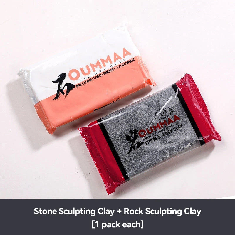 A package of OUMMAA Stone Sculpting Clay and Rock Sculpting Clay in pink and red packaging.