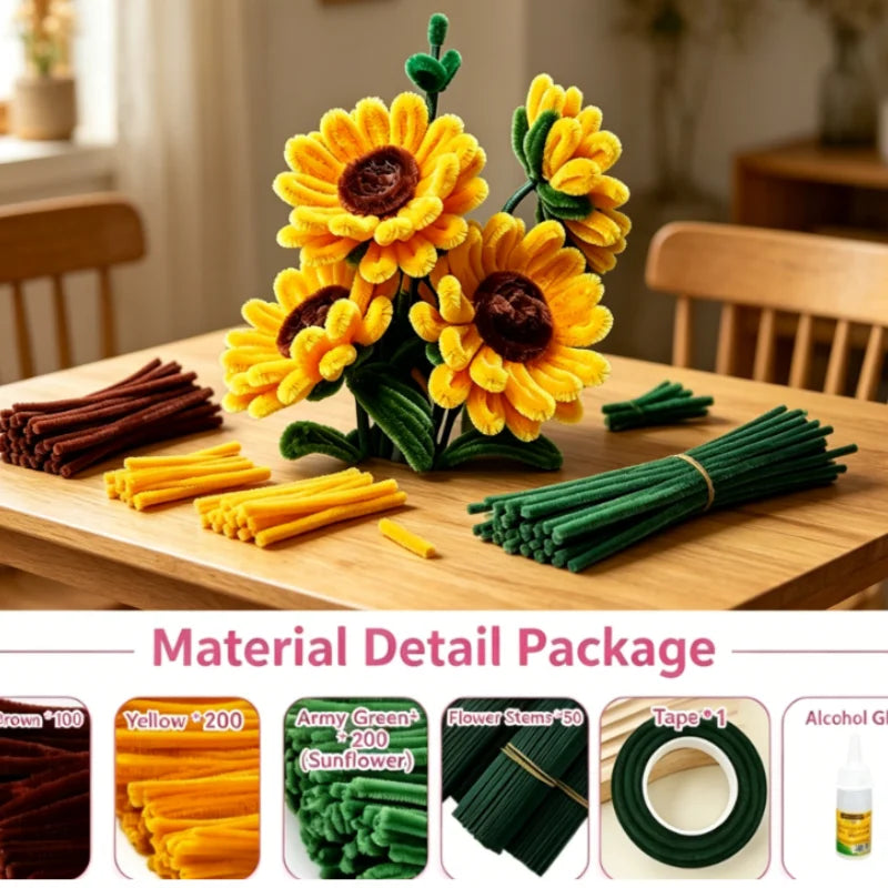 Material detail package showing various green and yellow pipe cleaners for crafting a flower bouquet
