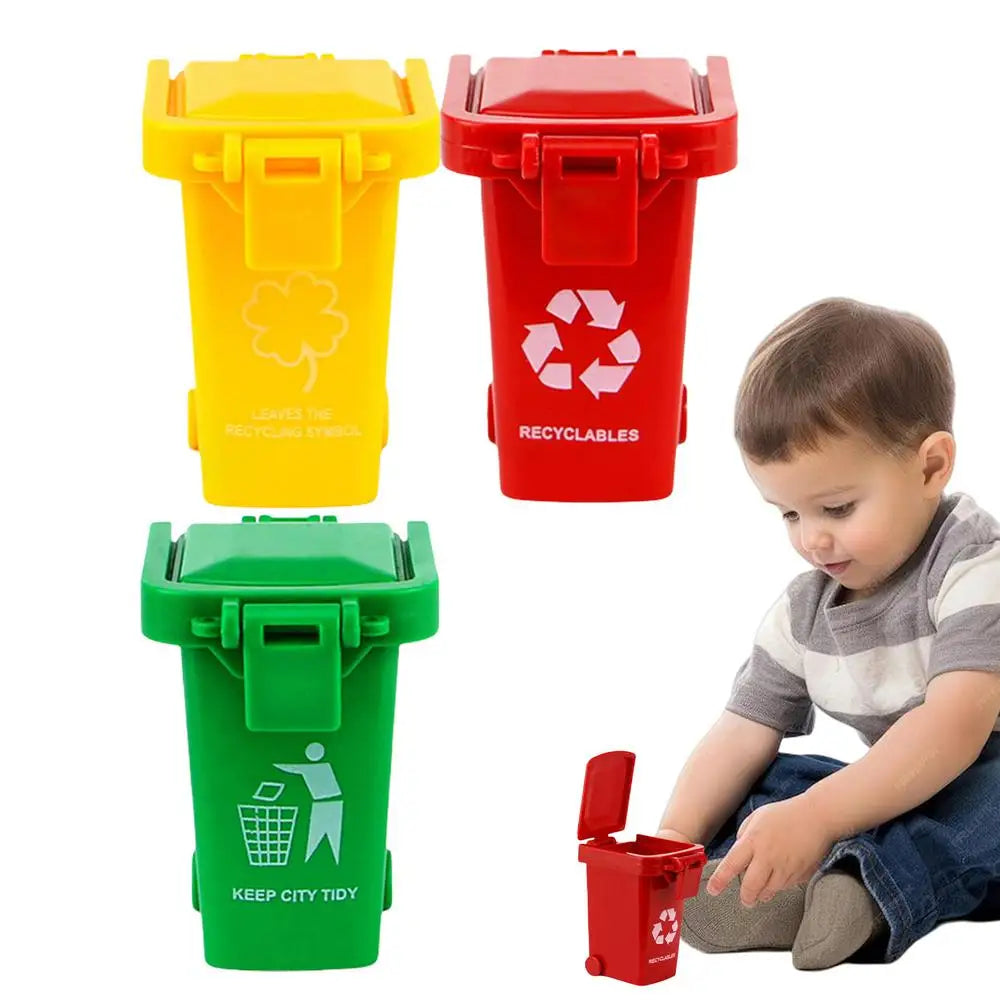 A set of three mini recycling truck toys in yellow, red, and green for children.