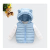 A light blue hooded cotton vest worn over a white long-sleeved shirt.