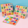 Wooden Montessori puzzles featuring alphabet, number, and shape matching pieces for toddlers