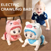 A pink pig-themed interactive crawling baby toy with a white pig and a baby wearing a blue shirt.