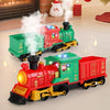 A red and green Christmas steam train toy with lights and sound is shown on a wooden floor.