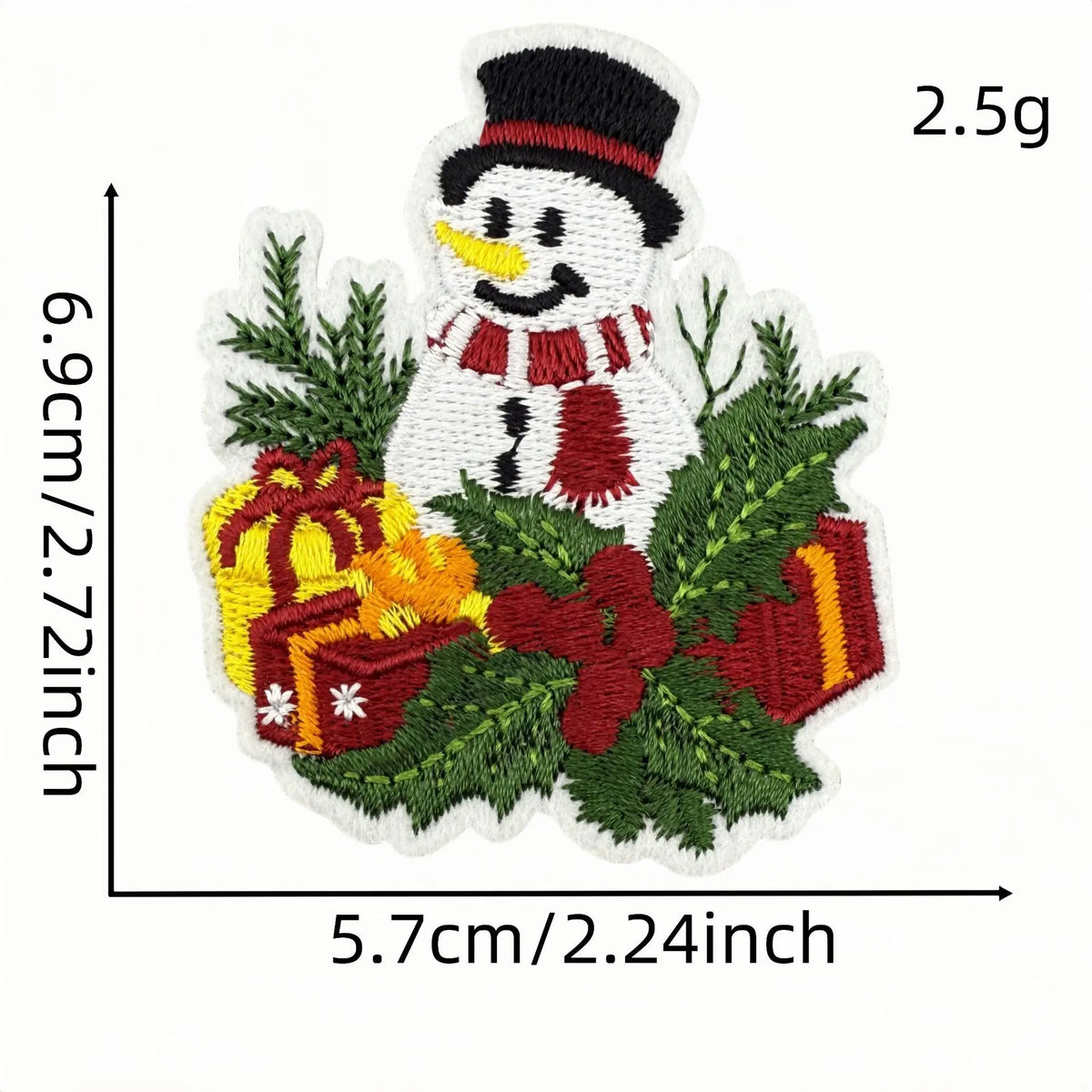 A white snowman patch with a black hat and scarf, surrounded by green foliage and a red gift box.