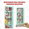 A green vending machine toy with various snack items and surprise balls inside.