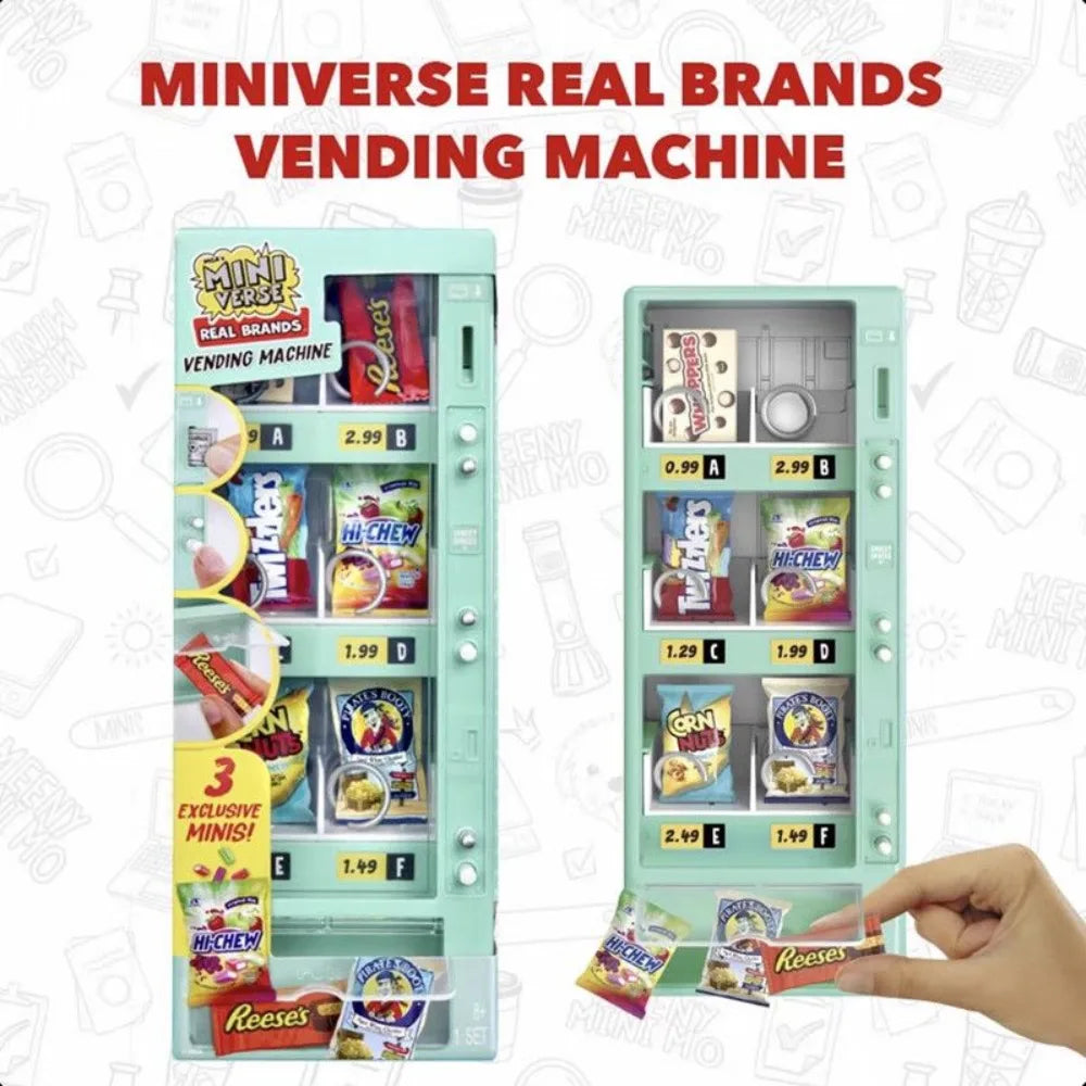 A green vending machine toy with various snack items and surprise balls inside.