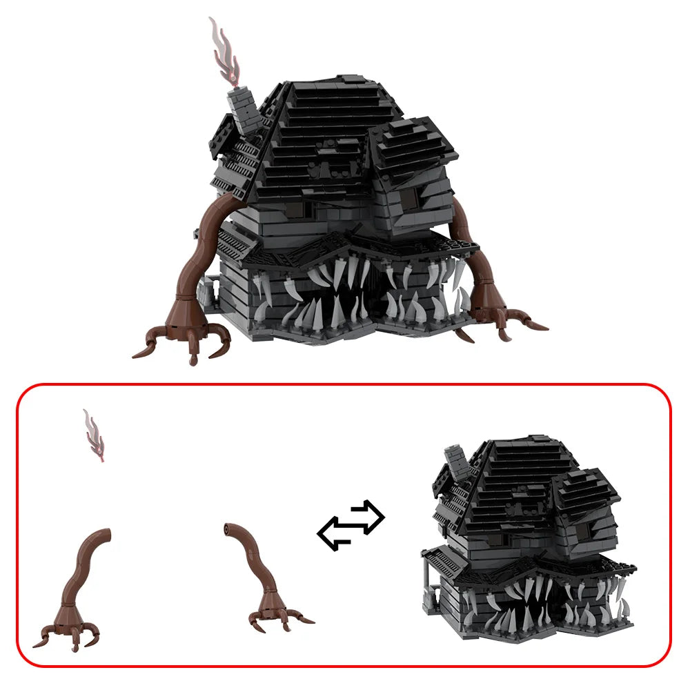 A dark gray haunted house building block set featuring a spooky facade and a chimney.