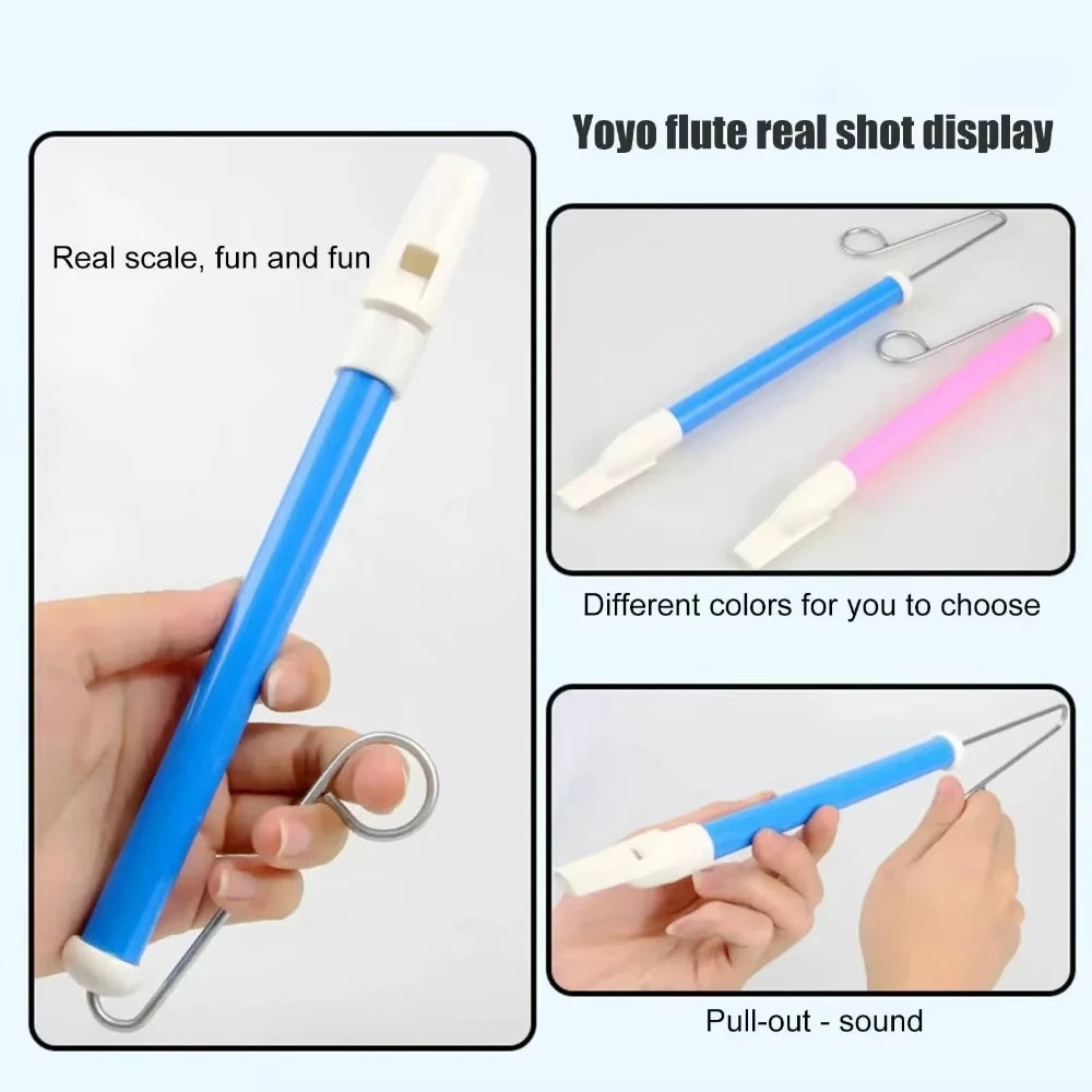 A blue and pink flute-style whistle with a pull-out sound mechanism shown in various colors.