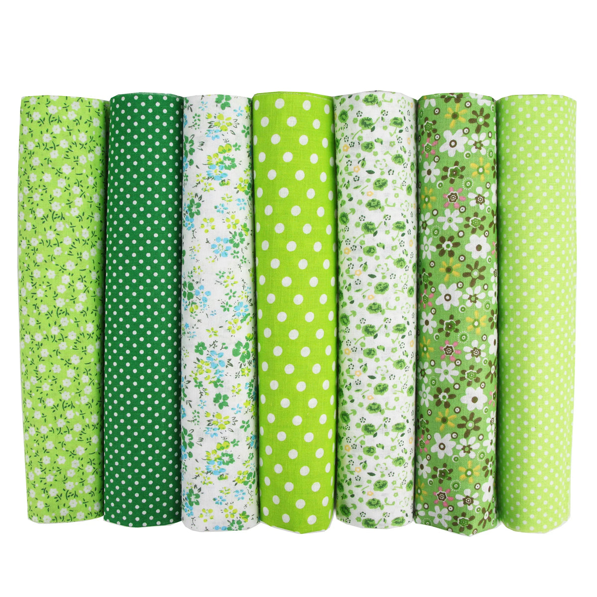 A pack of seven vertical rolls of green fabric with white and multi-colored floral patterns for quilting