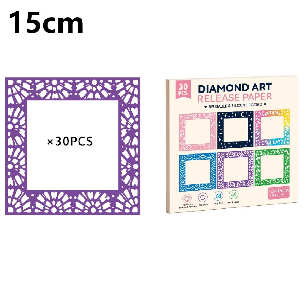 A box of 30 sheets of reusable non-stick release paper for diamond painting with various colored squares.