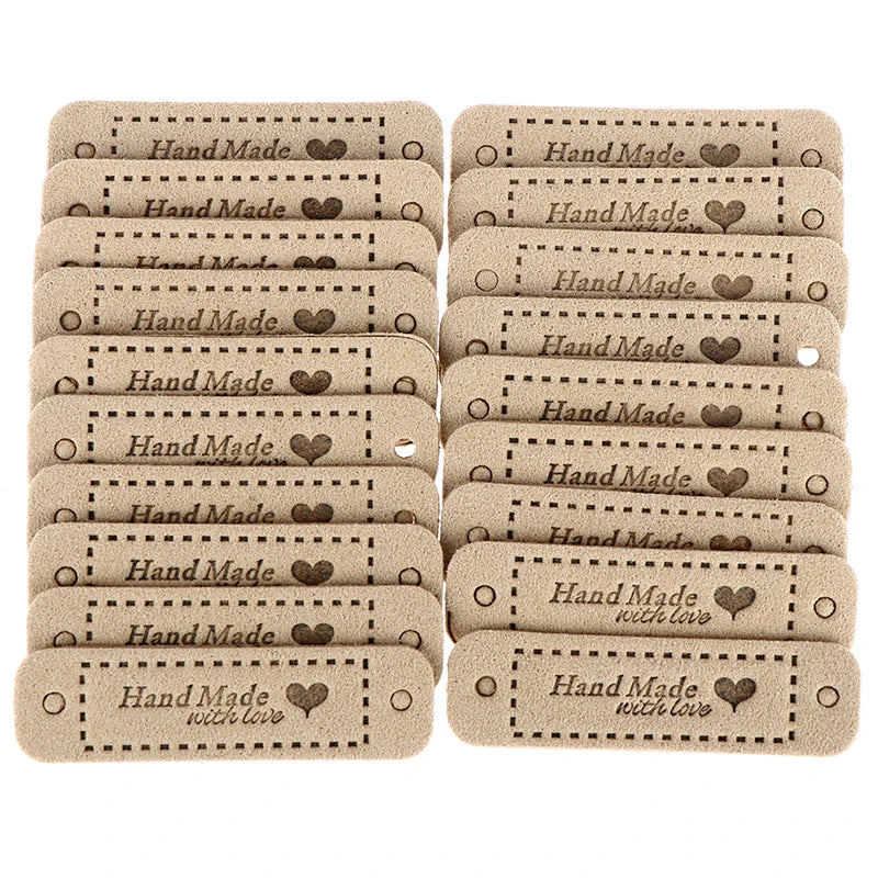 Set of 20 PU Leather "Made With Love" Sew-On Tags for Crafts and Garments