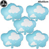 Five light blue foil balloons shaped like clouds for birthday party decor