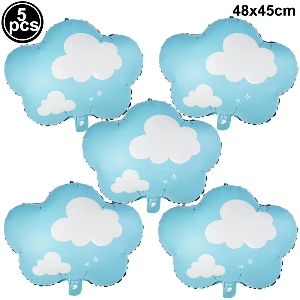 Five light blue foil balloons shaped like clouds for birthday party decor