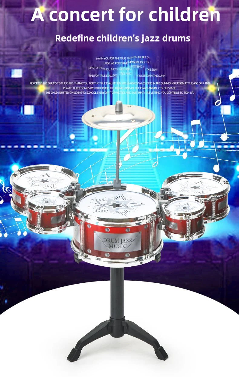 A child-safe plastic jazz drum set with multiple drums mounted on a stand for music learning
