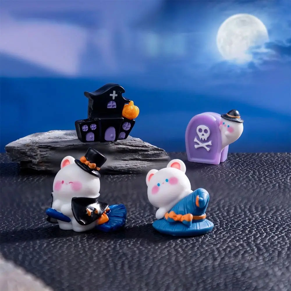 A set of charming cartoon pumpkin bear figurines in various colors displayed against a blue moon background.