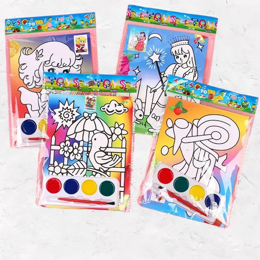 A set of five colorful DIY cartoon coloring painting kits for kids featuring various characters and designs.
