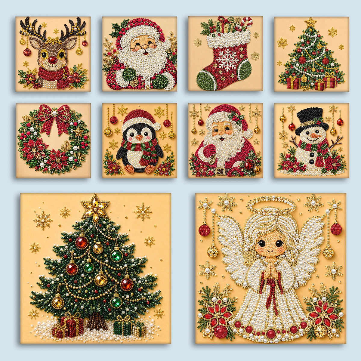 A collection of Christmas-themed pearl diamond painting art featuring Santa, reindeer, and a decorated Christmas tree.