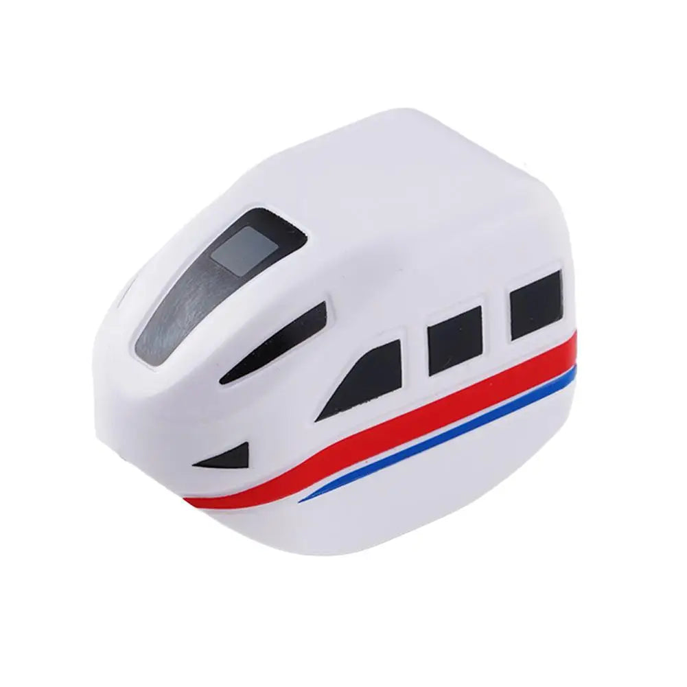 White anti-gravity magnetic mini train with black and red stripes, shown from the side.