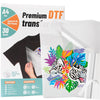 Packaging for Premium DTF transfer film sheets used for printing custom items like t-shirts and bags.