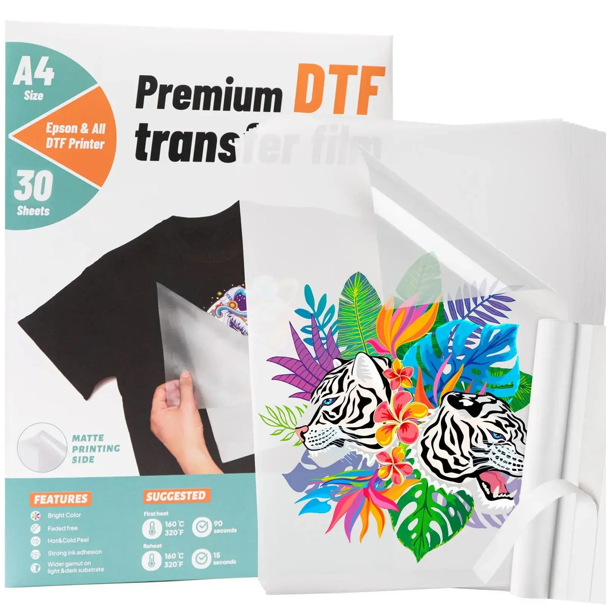 Packaging for Premium DTF transfer film sheets used for printing custom items like t-shirts and bags.