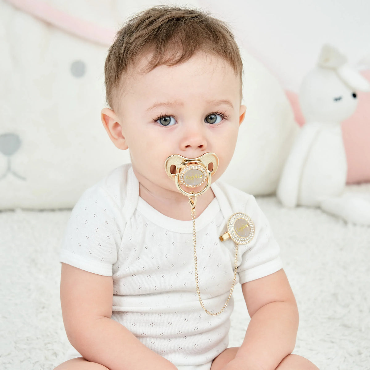 Custom Pearl Bling Pacifier with Clip – Personalized Baby Shower Gift