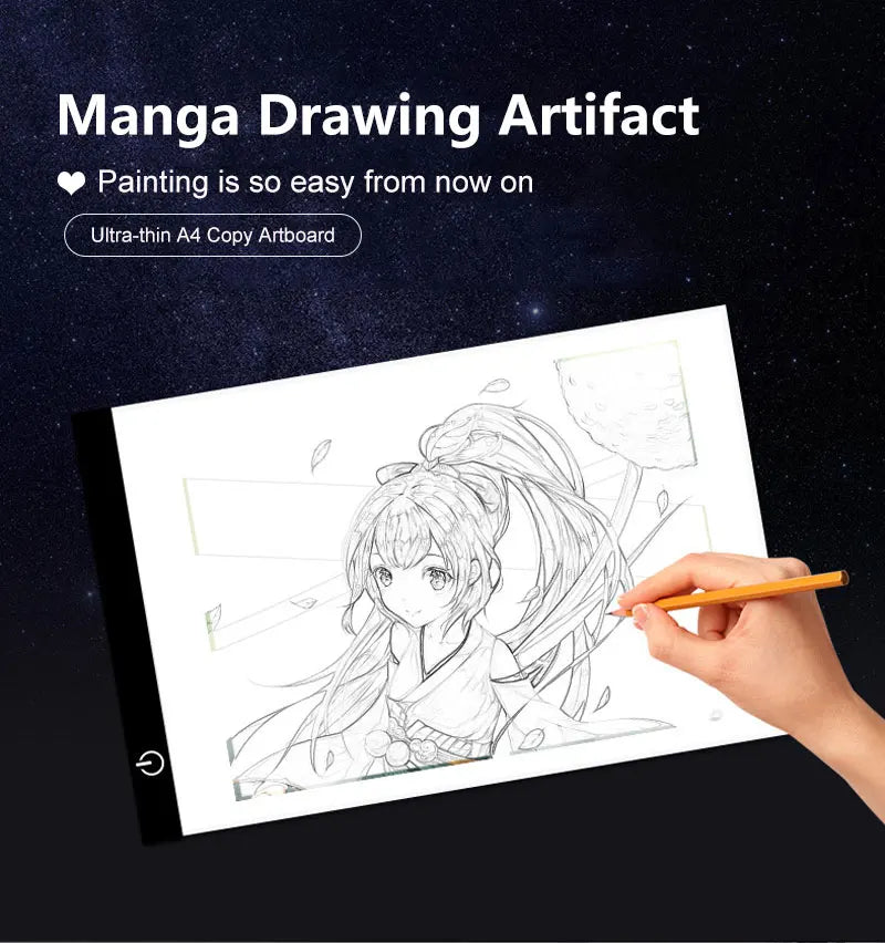 A hand draws on an ultra-thin A4 copy artboard for manga drawing, featuring a detailed line art of a girl.