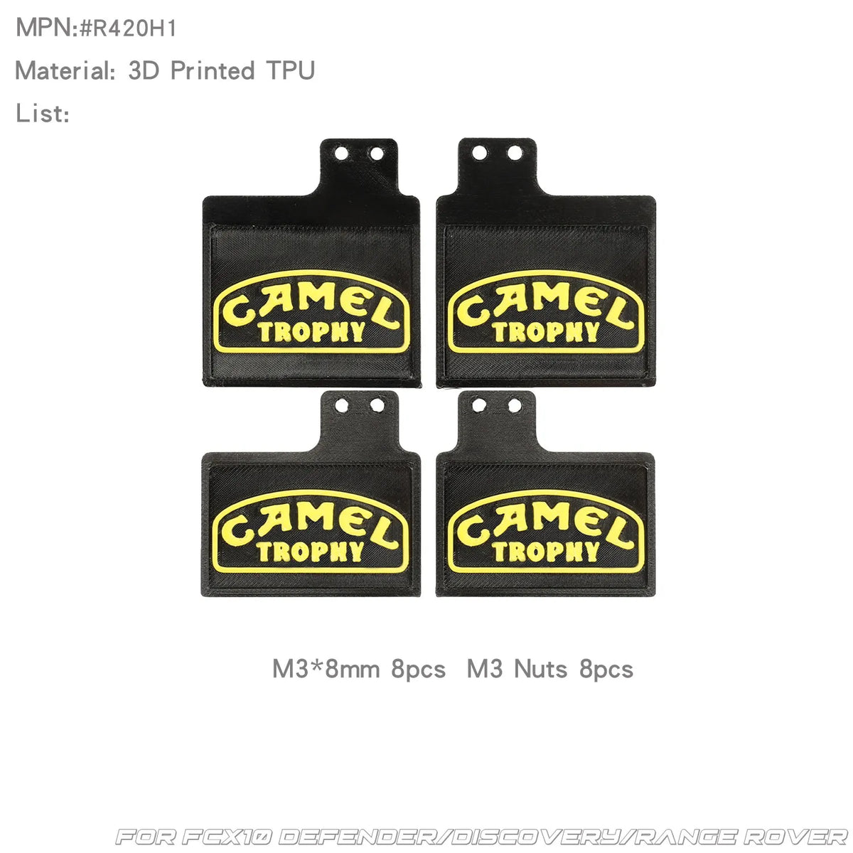 Set of 8 black 3D printed TPU mud flaps, fuel tank, and exhaust mufflers for an FCX10 Range Rover.