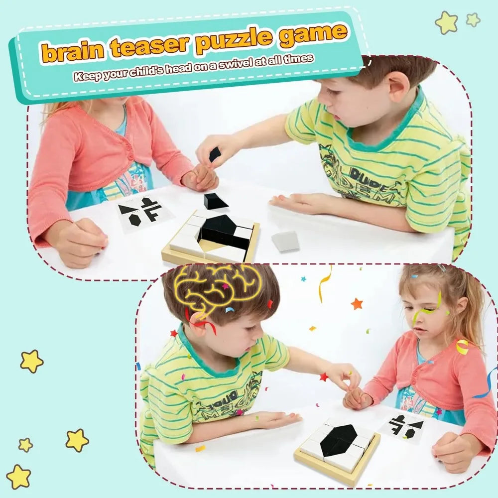 A child is playing a brain teaser puzzle game with blocks and a storage case on a white table.