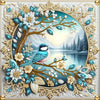 Diamond art kit featuring a bird nestled in branches surrounded by floral and leaf elements on a gold frame